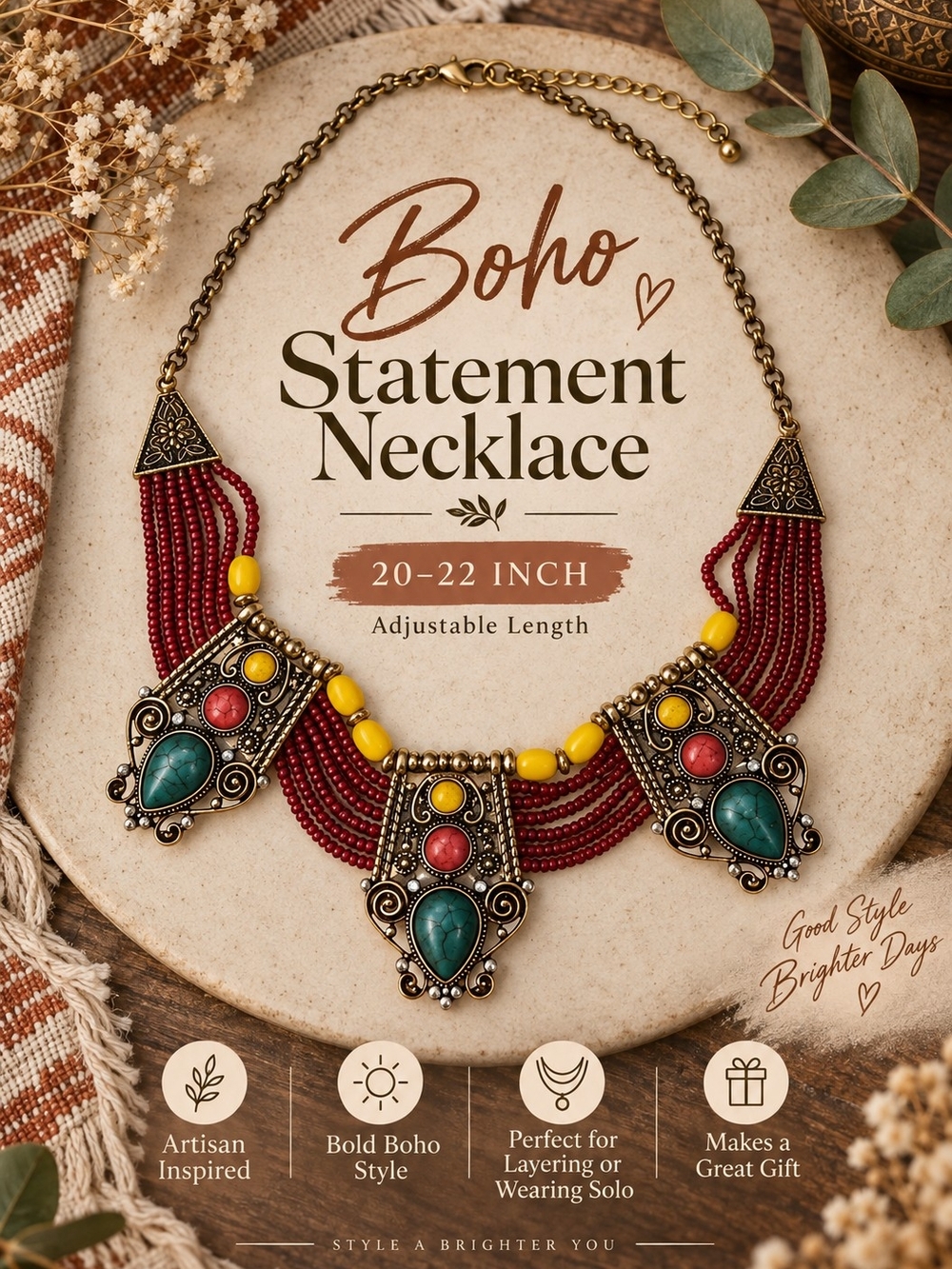 Boho Statement Necklace in Red with Turquoise & Yellow Accents